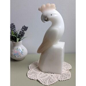 Vintage Carved Alabaster Cockatoo Sculpture Bird Statue White Stone Decor READ